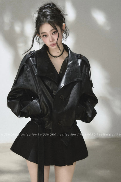 Double-Breasted Stand-Collar Leather Jacket
