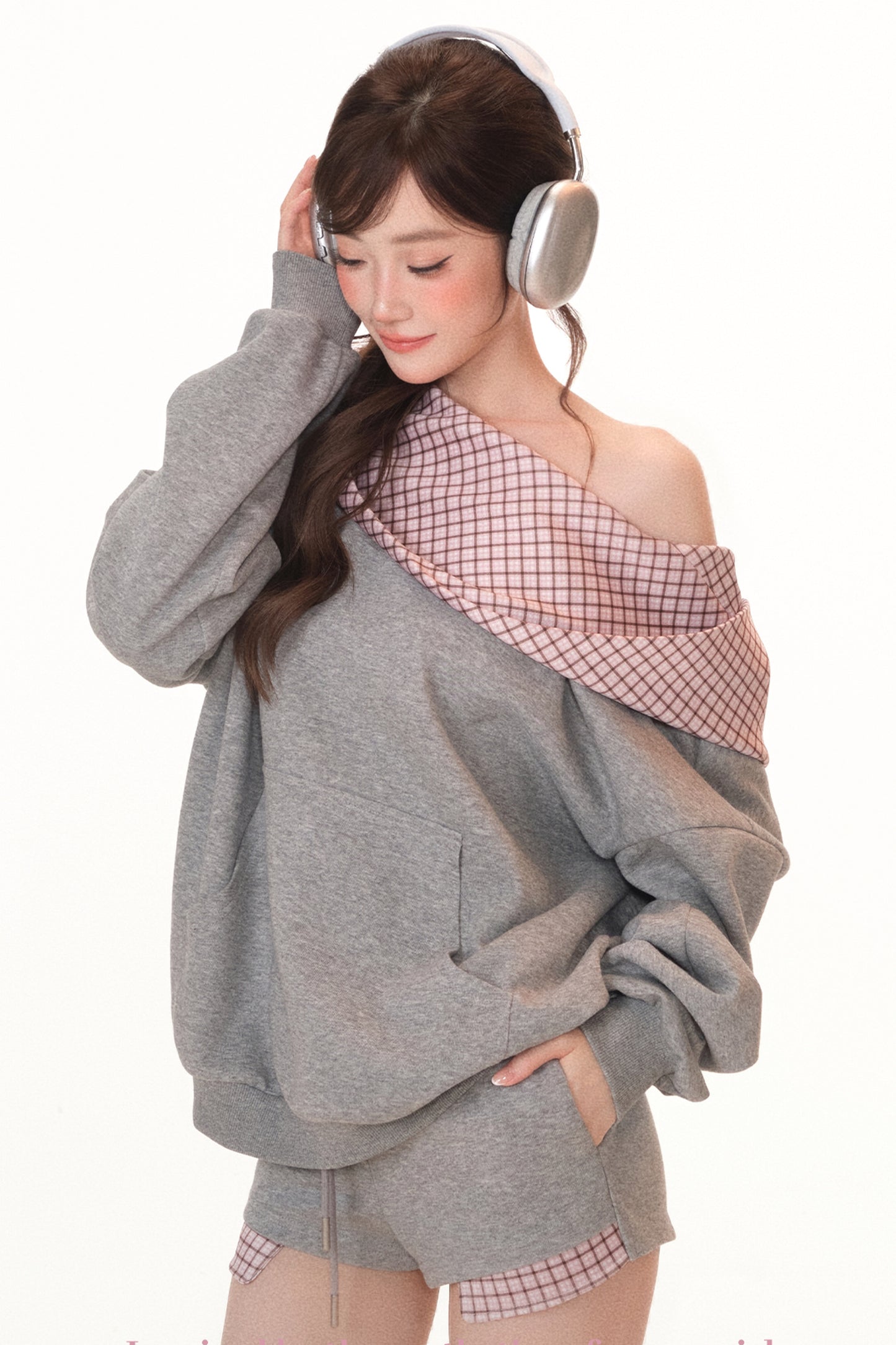 Gray Plaid Patchwork Sweatshirt and Shorts Set-Up