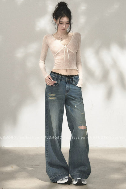 V-Neck Bow Tie Lace Top