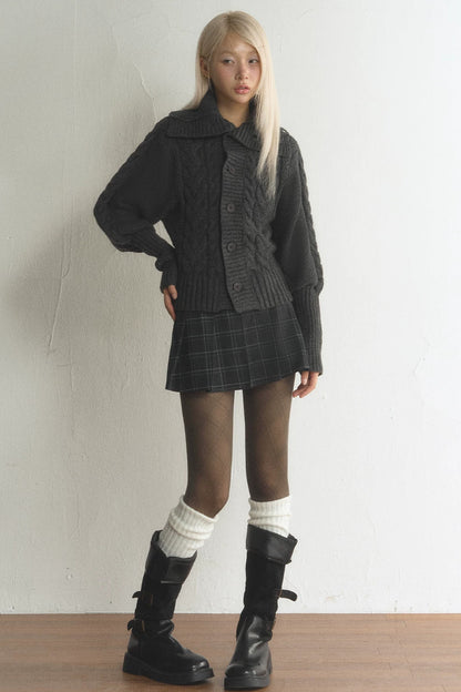 Large Lapel Cable Knit Cardigan and Skirt Set-Up