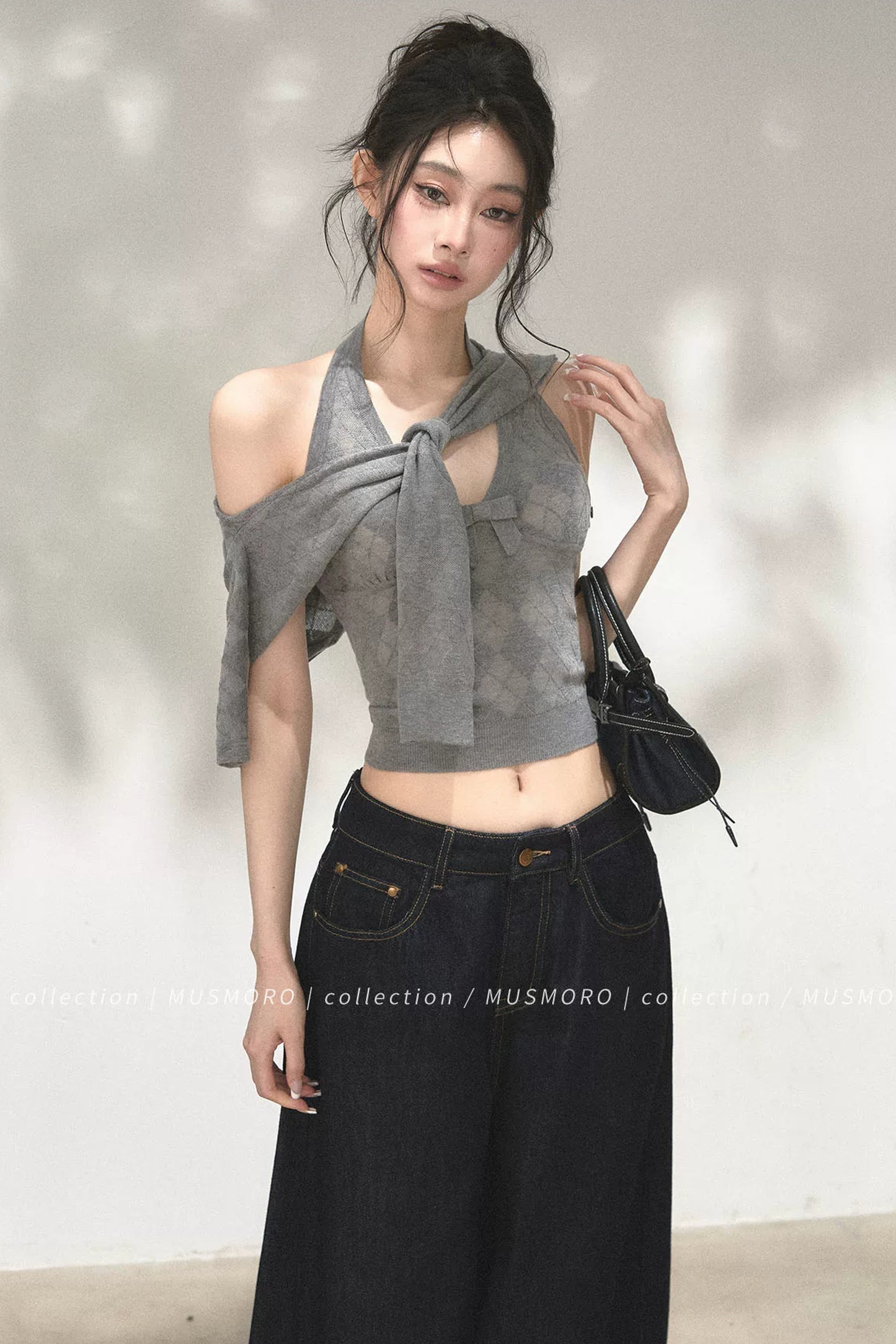 Grey Argyle Knit Cardigan With Camisole Set-Up