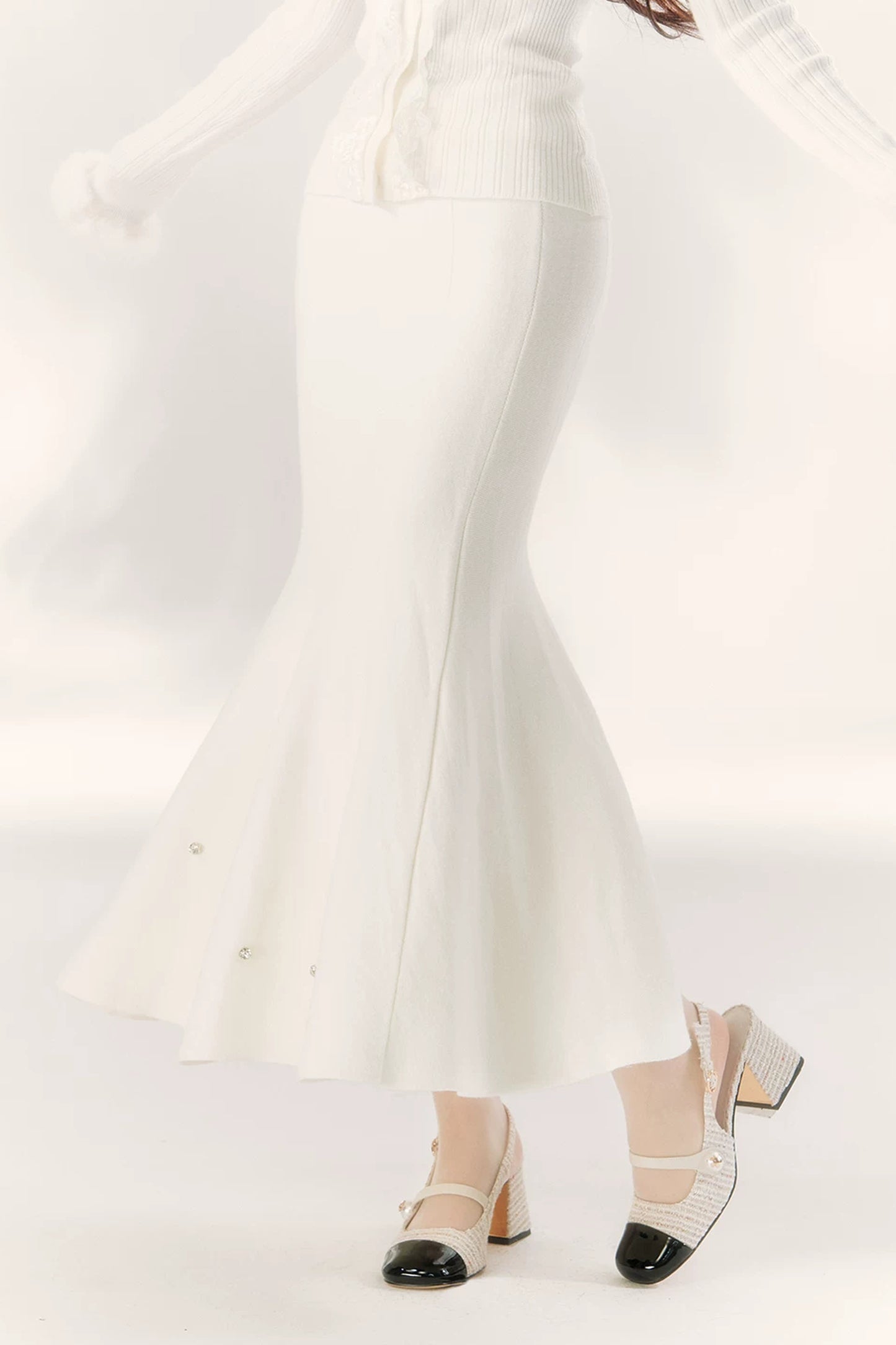 Diamond-Studded Knit Fishtail Skirt
