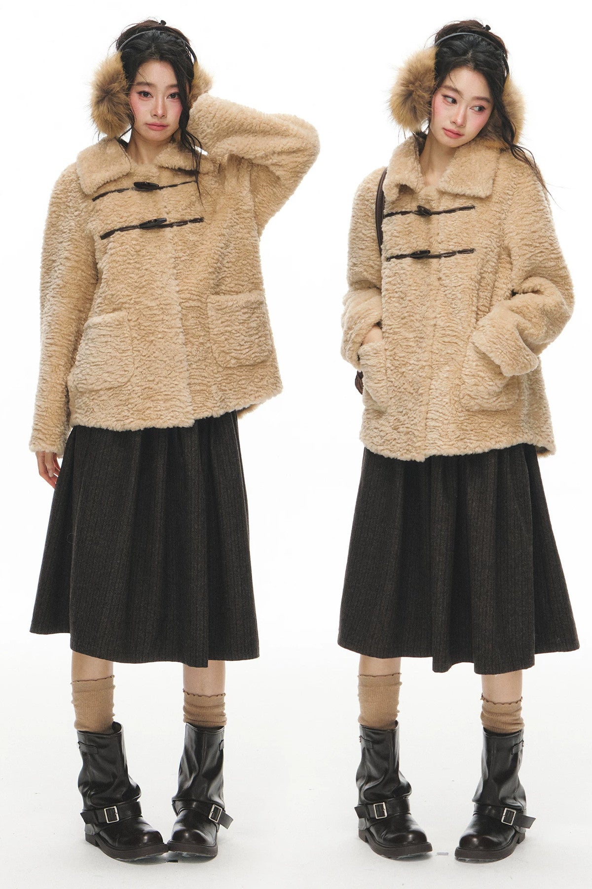 Fur Collar Horn Button Jacket Skirt Set-Up