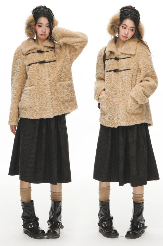 Fur Collar Horn Button Jacket Skirt Set-Up