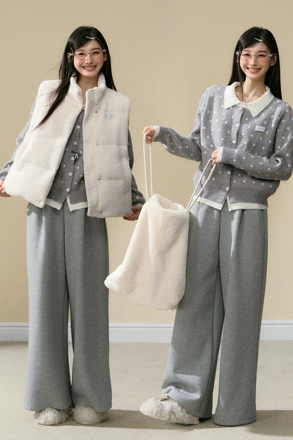 Polka Dot Knit Cardigan and Gray Trousers