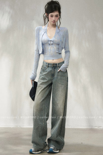 Ensemble cardigan dos-nu à col V en maille à losanges bleu layette