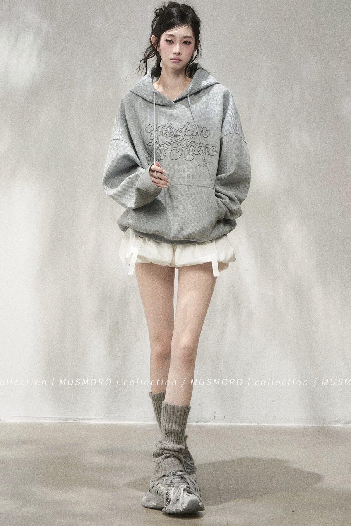 3D Embroidered Cat Waffle Hooded Sweatshirt
