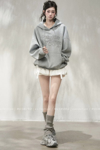 3D Embroidered Cat Waffle Hooded Sweatshirt