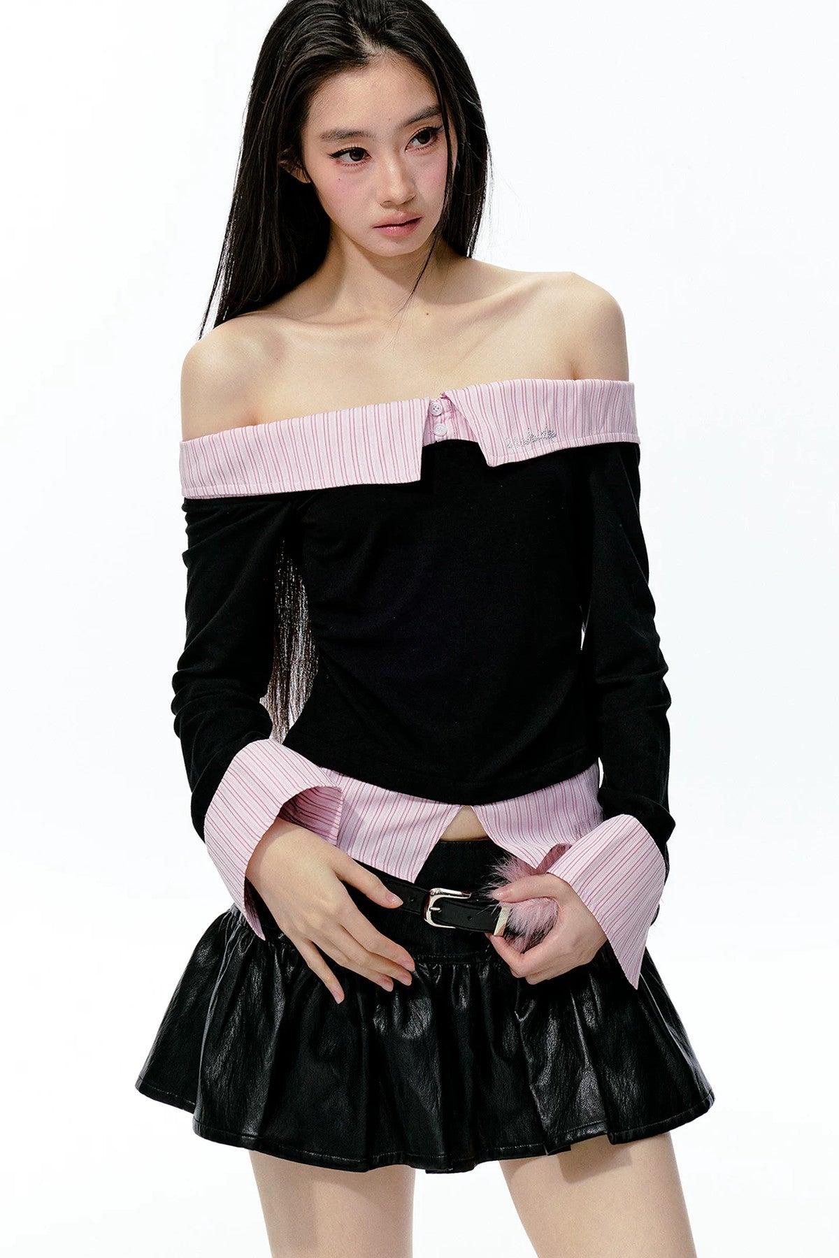 Black Pink Color-Blocked Off-Shoulder Ruched Top