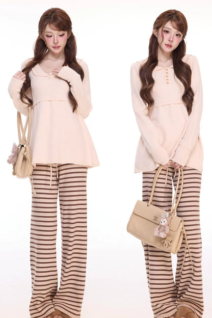Reversible Doll Collar A-Line Knit Top and Striped Knit Pants Set-Up