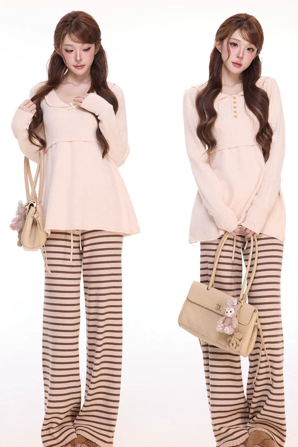 Reversible Doll Collar A-Line Knit Top and Striped Knit Pants Set-Up