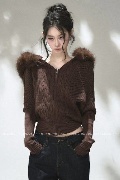 3D Twist Knit Hooded Cardigan