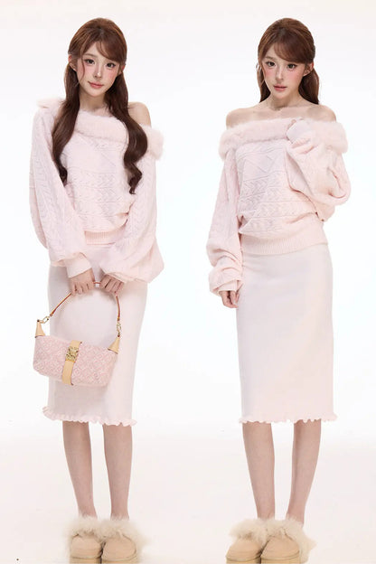 Off-Shoulder Cable Knit Sweater and Bodycon Knit Skirt Set-Up