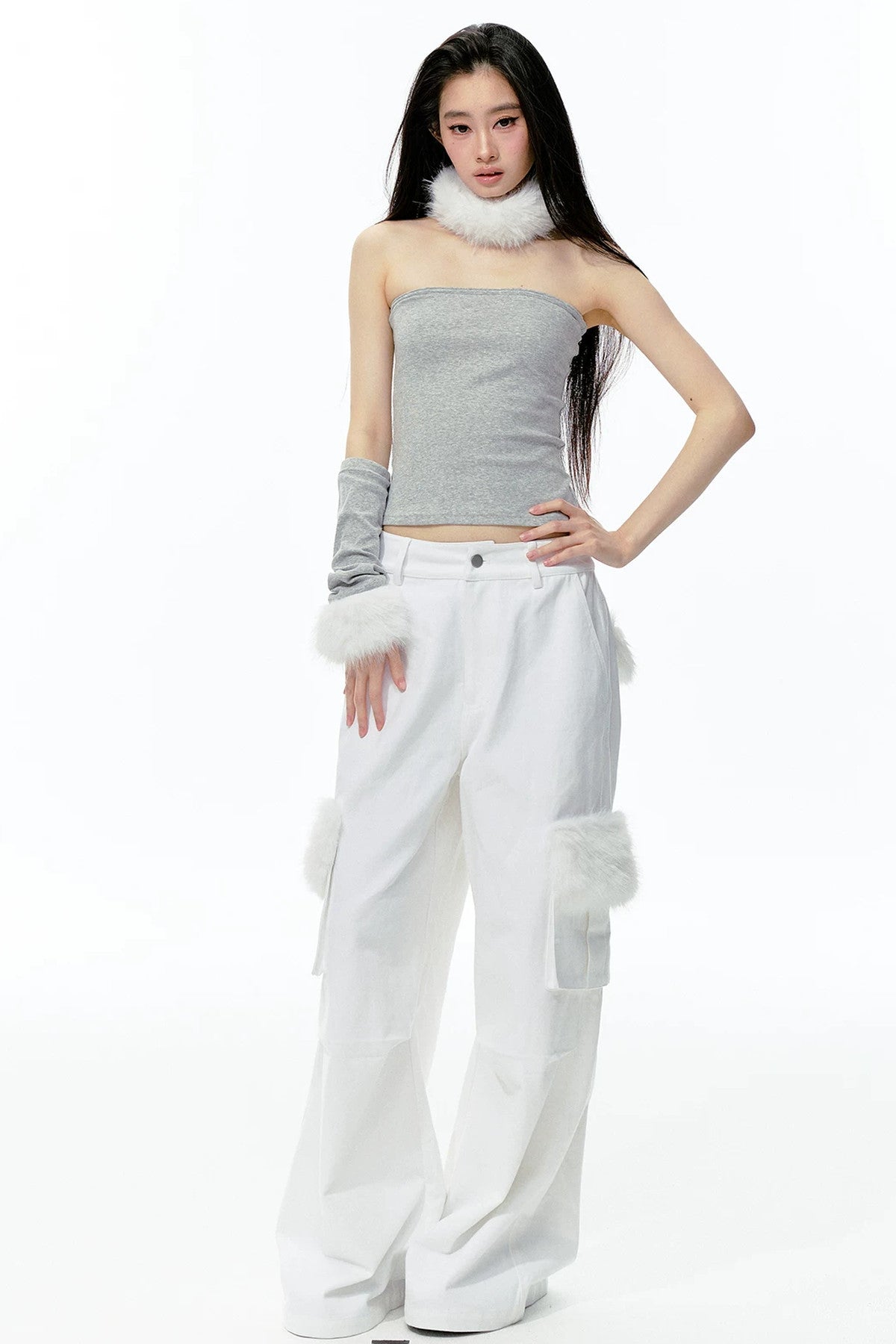Top a fascia in maglia con collo in pelliccia staccabile
