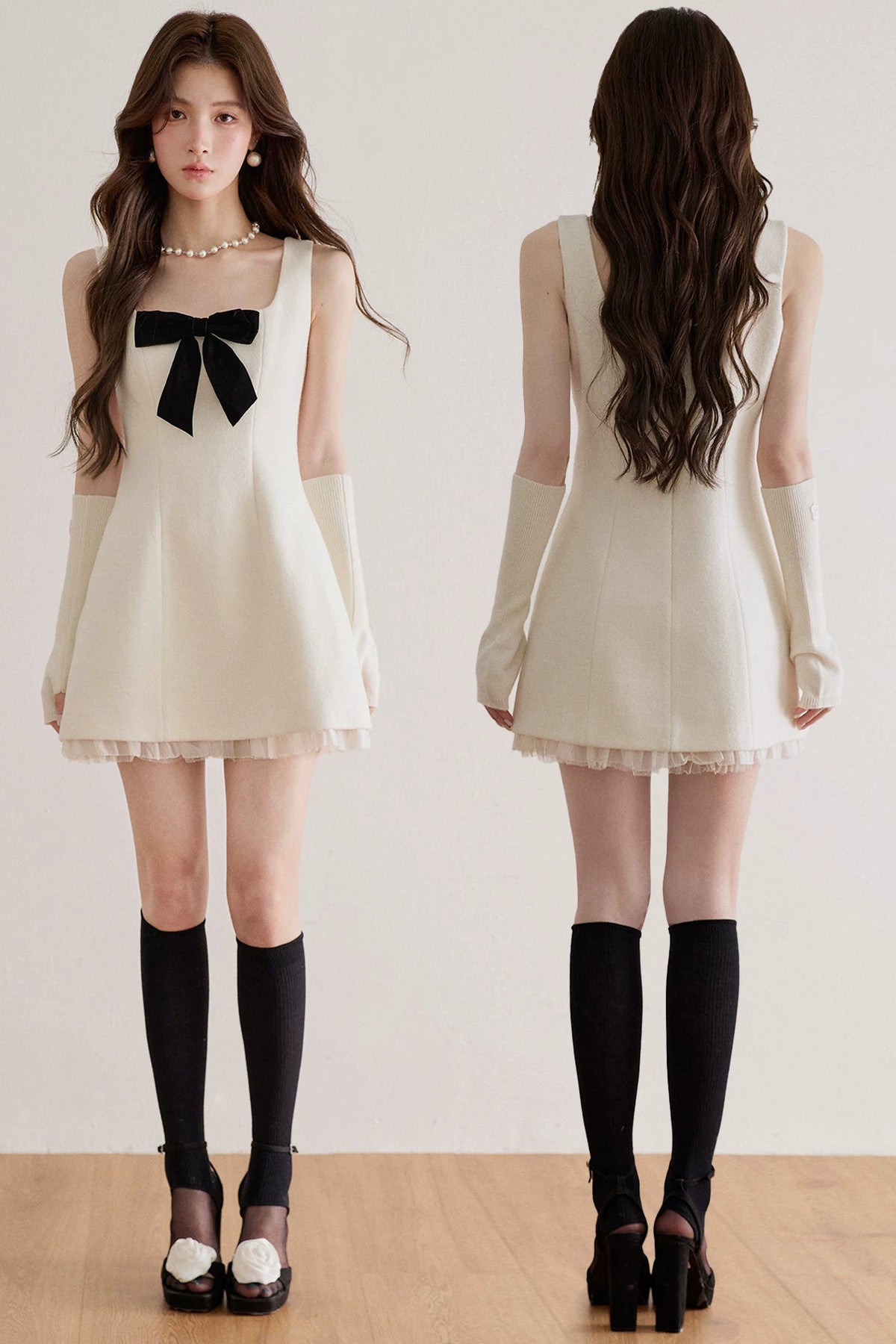 Bow Waist Mesh Wool Dress