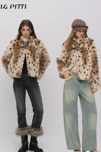 Cheetah Print Buckle Stand Collar Coat