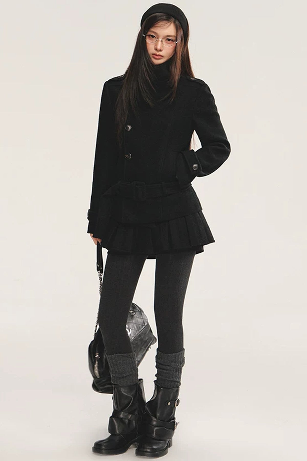 Detachable Belt Woolen Coat and Pleated Skirt Set-Up
