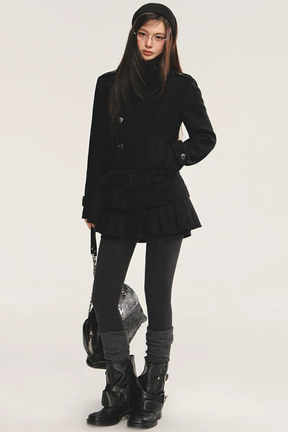 Detachable Belt Woolen Coat and Pleated Skirt Set-Up