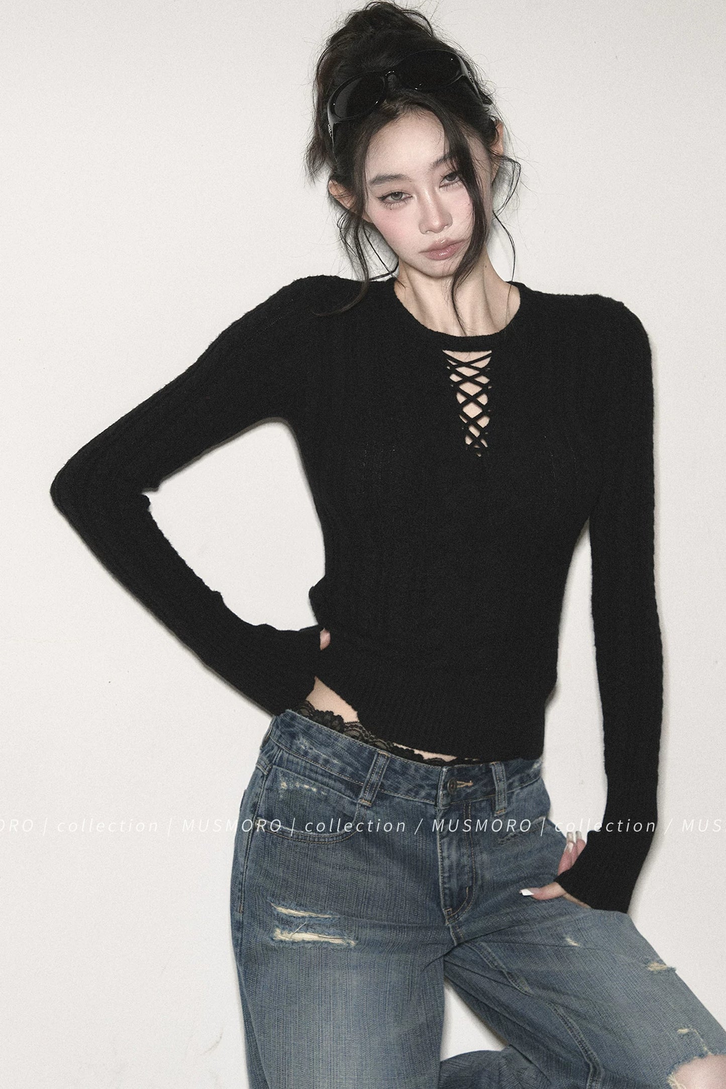 High-Stretch Lace-Up Knit Top