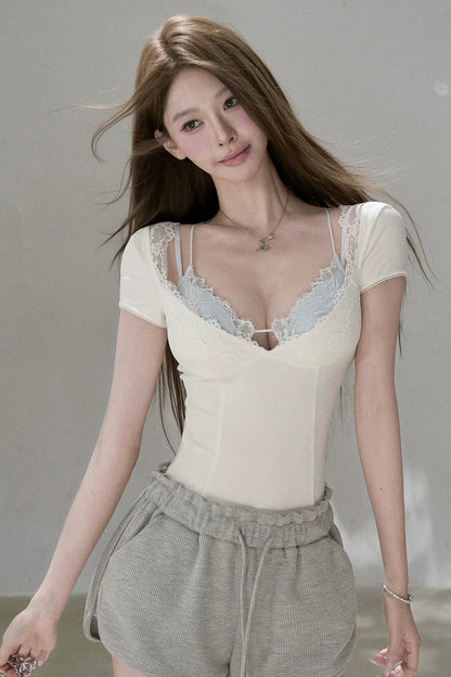 Lace Cuff Deep V-Neck Top