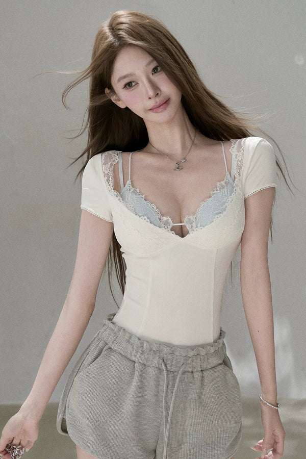 Lace Cuff Deep V-Neck Top