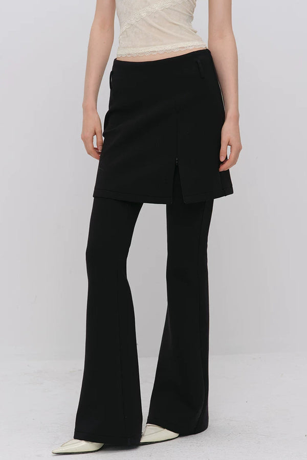 Layered-Look Slit Skirt-Style Flared Pants