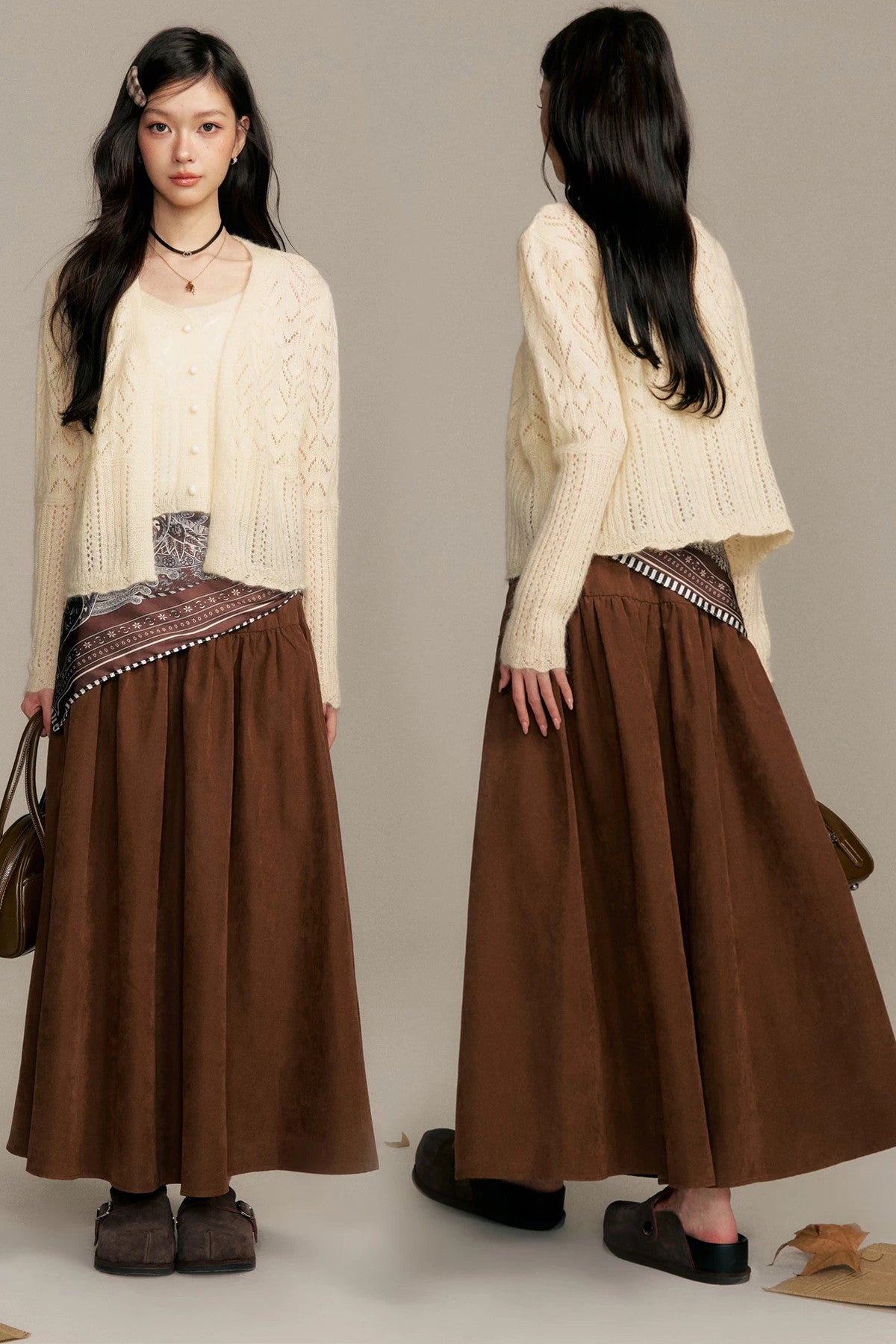 Crochet Knit Cardigan and Camisole Two-Piece With Skirt Set-Up