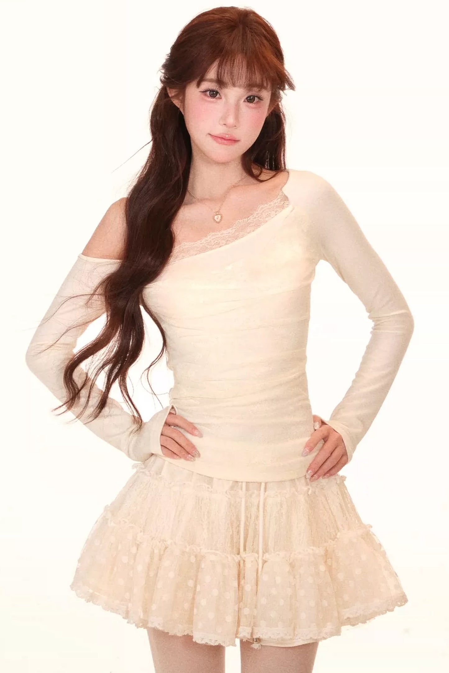 Off-Shoulder Lace Knit Top and Skirt Set-Up