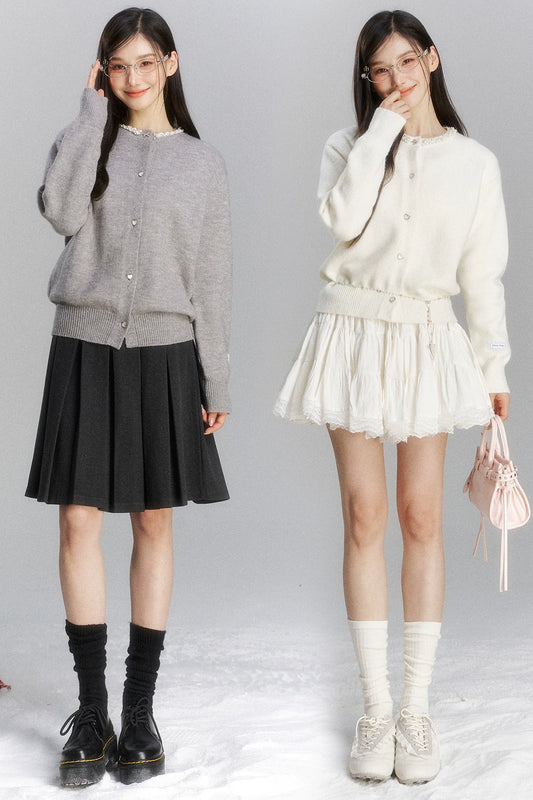 Lace Trim Knit Cardigan and Skirt Set-Up