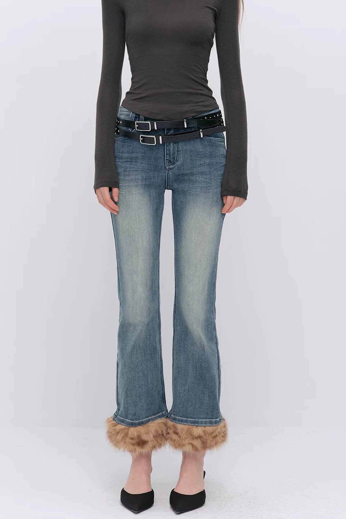 Detachable Frayed Hem Washed Flared Jeans