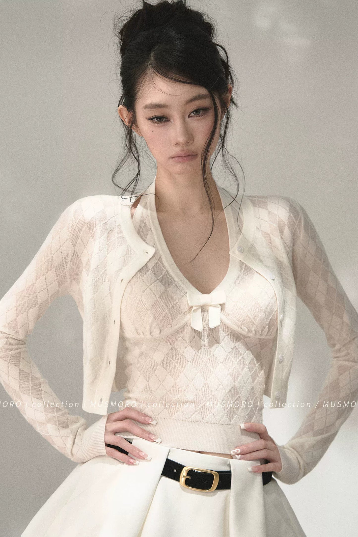 Grey Argyle Knit Cardigan With Camisole Set-Up