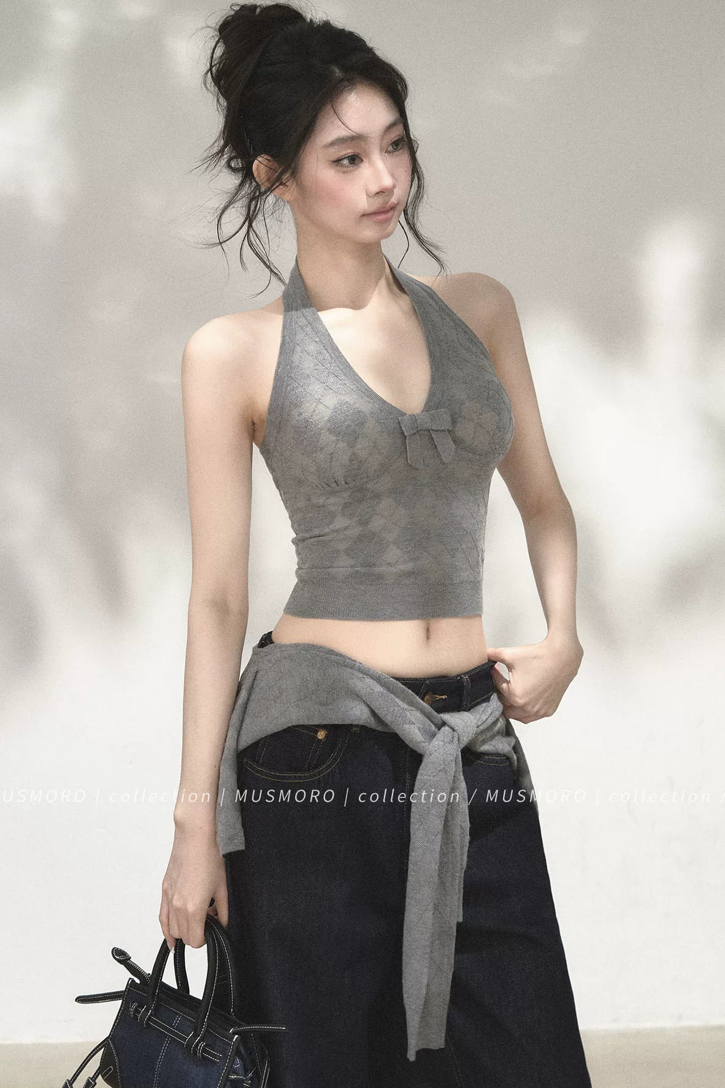 Grey Argyle Knit Cardigan With Camisole Set-Up