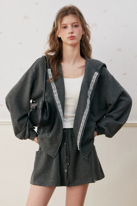 Lace Trim Hoodie And A-Line Skirt Set-Up
