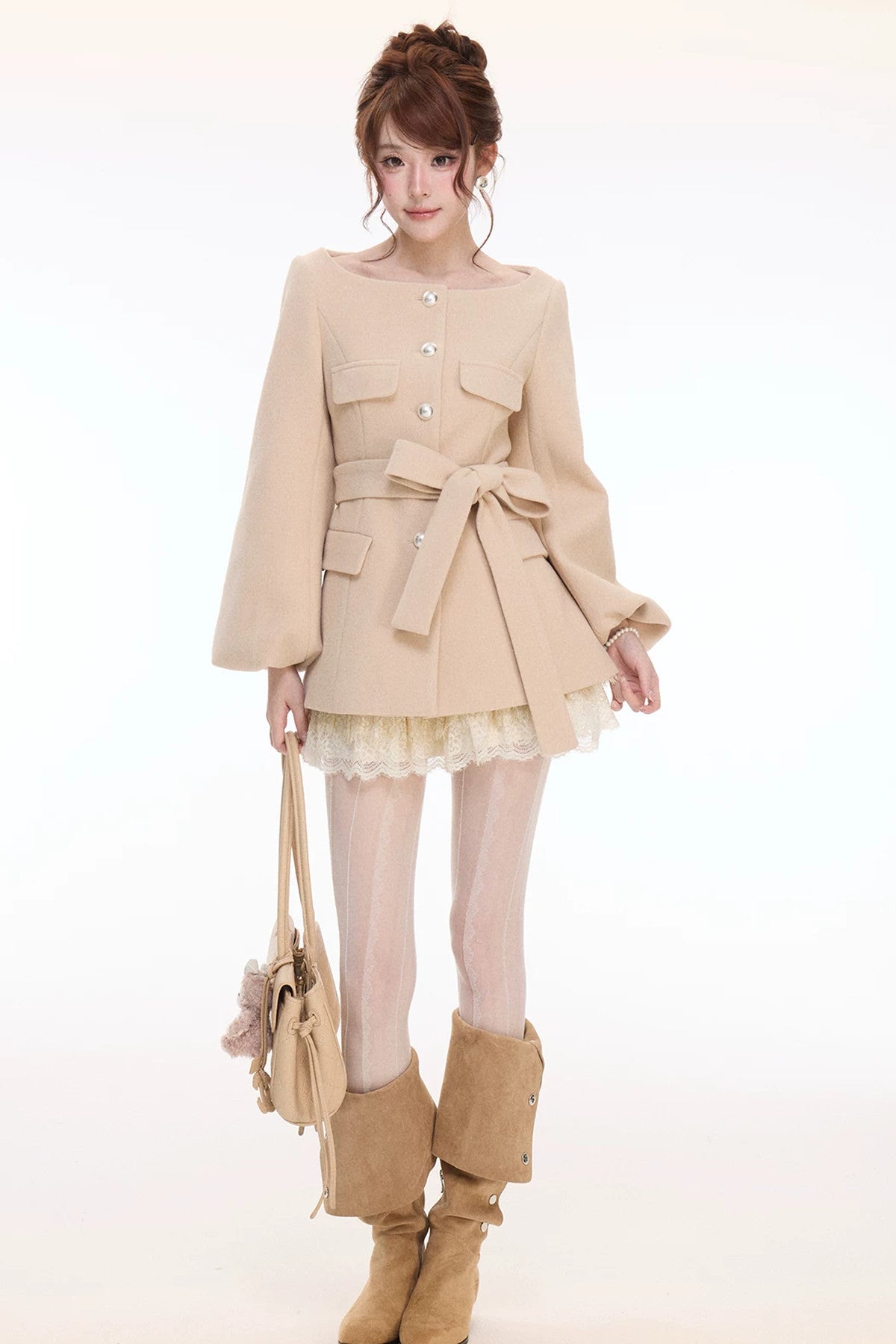 Lantern Sleeve Wool Coat & Lace Tiered Skirt Set-Up