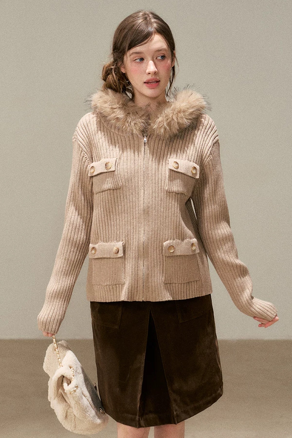 Hooded Ribbed Stripe Knit Cardigan