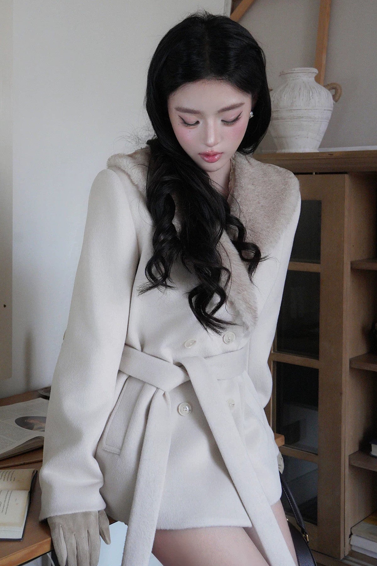 Mink Fur Collar Double-Breasted Short Jacket