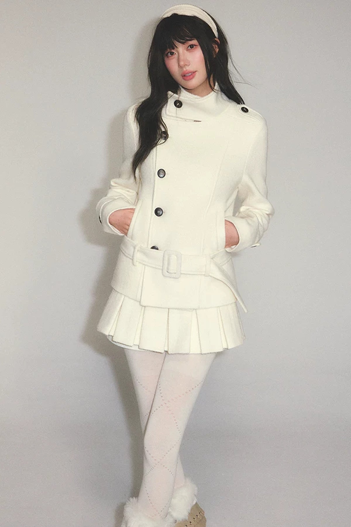 Detachable Belt Woolen Coat and Pleated Skirt Set-Up