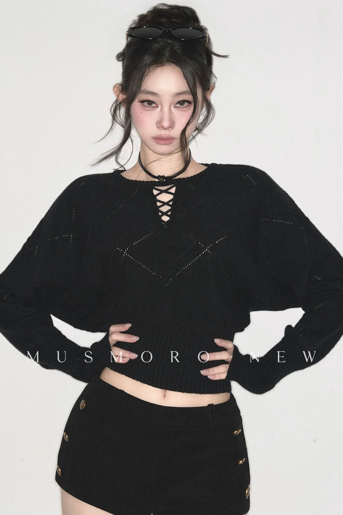 Lace-Up V-Neck Knit Top