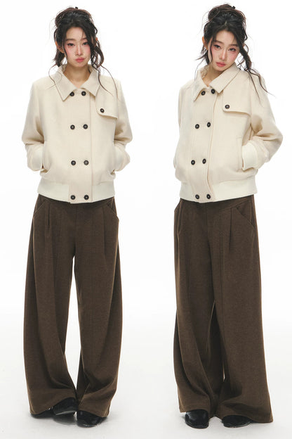 White Wool Double-Breasted Jacket and Pants Set