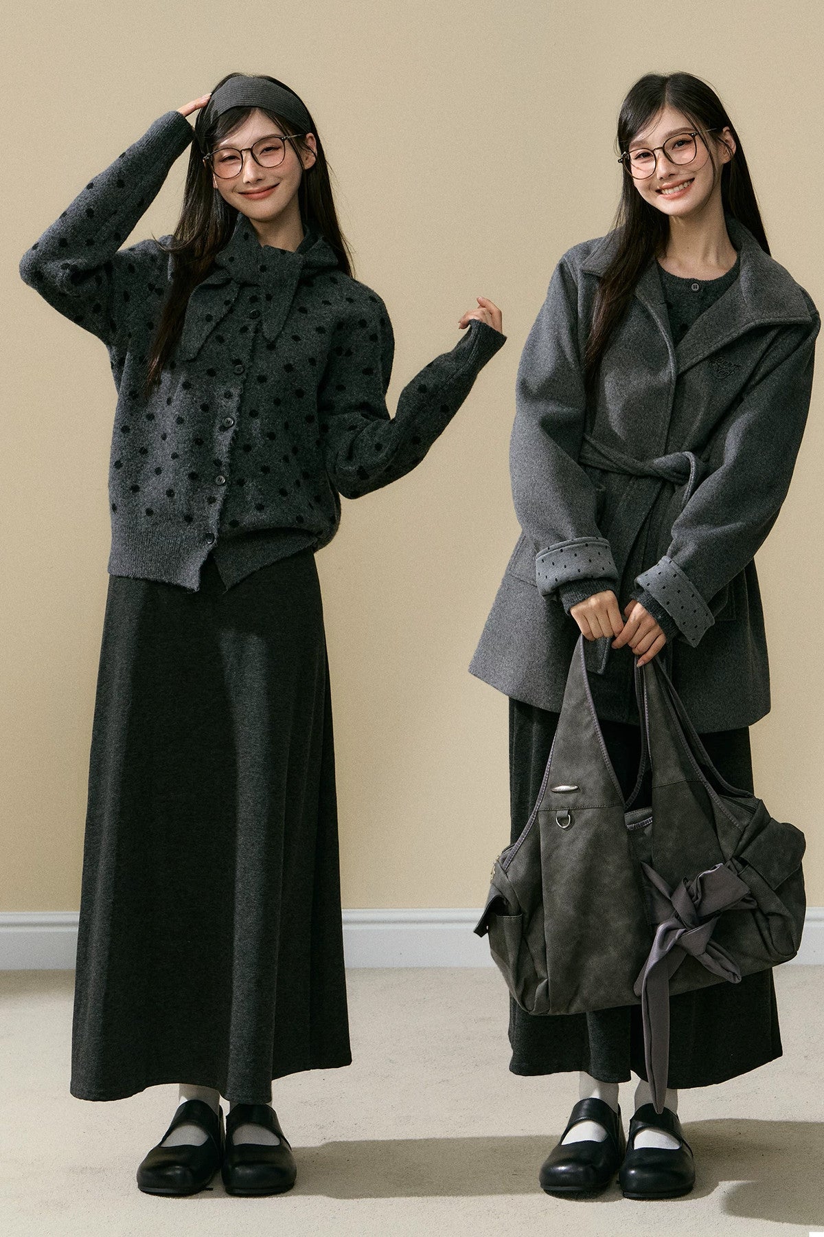 Polka Dot Wool Cardigan and Long Skirt Set-Up