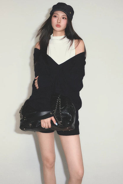 V-Neck Knitted Sweater with White Vest and Shorts Set
