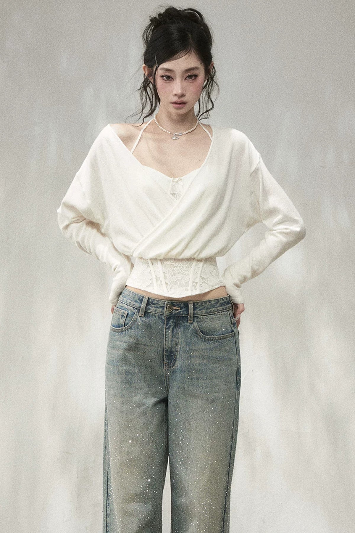 Wool Blend Layered-Look Fishbone Blouse