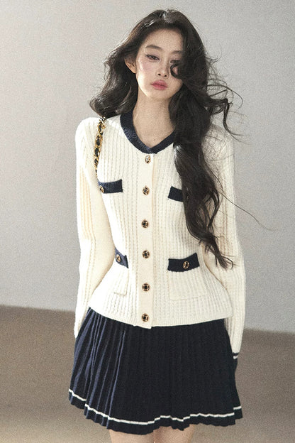 Ensemble deux pièces cardigan en tricot de laine et jupe