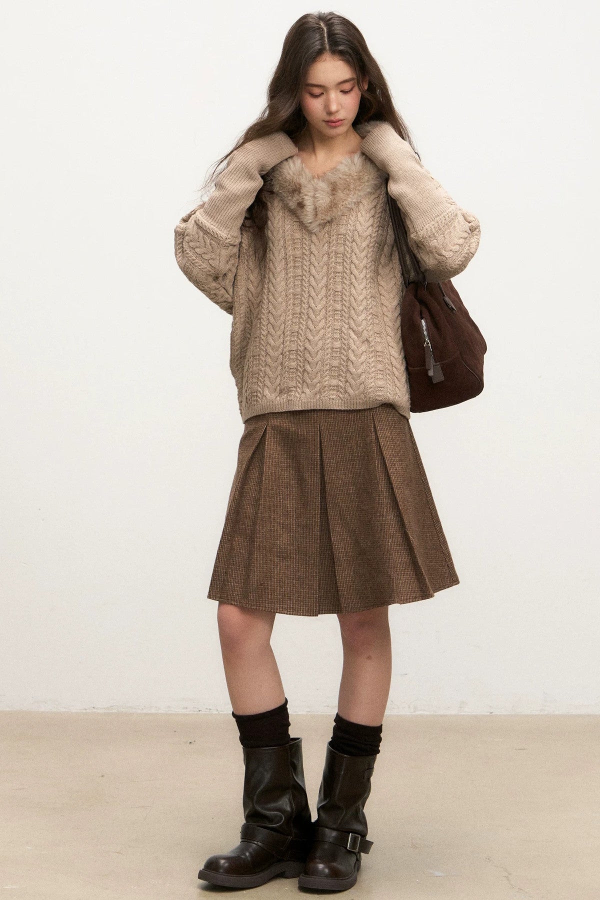 Fur Collar Knit Top and Skirt Set-Up