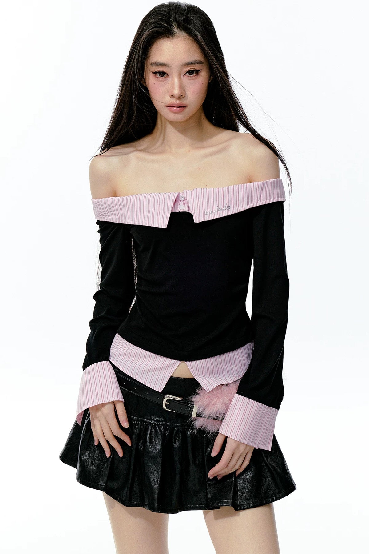 Black Pink Color-Blocked Off-Shoulder Ruched Top