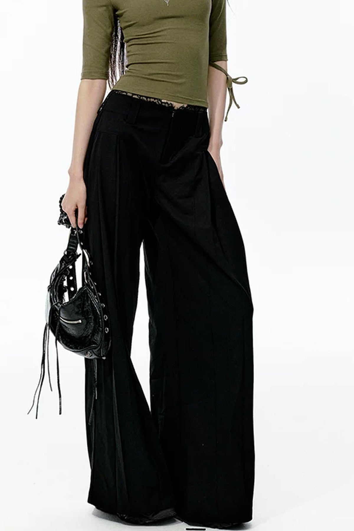 Lace Waist Pleated Wide-Leg Pants