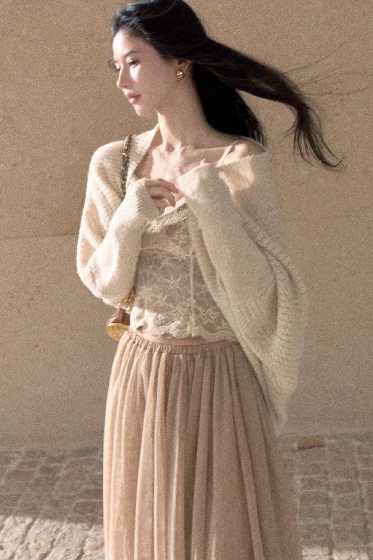 Gold Sequin Batwing Wool Blend Sweater Coat
