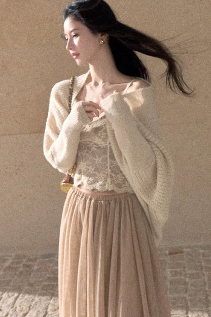 Gold Sequin Batwing Wool Blend Sweater Coat