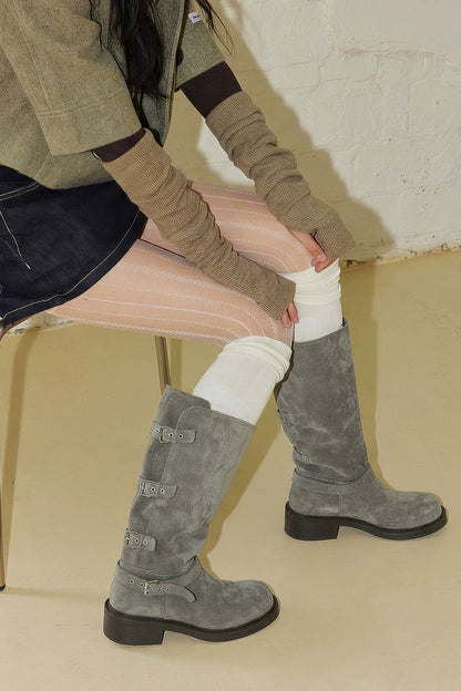 Belt Buckle Chunky Heel Long Boots