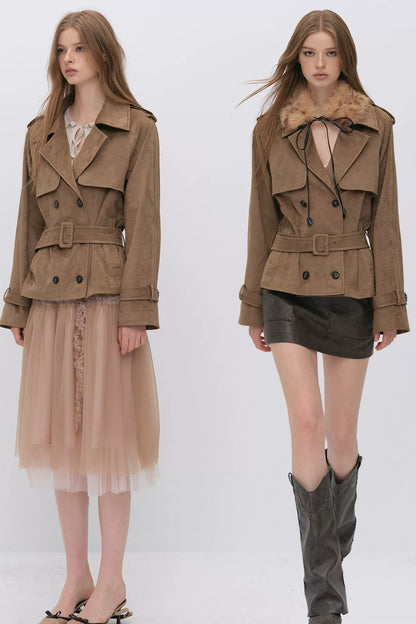 Suede Buttoned Trench Jacket